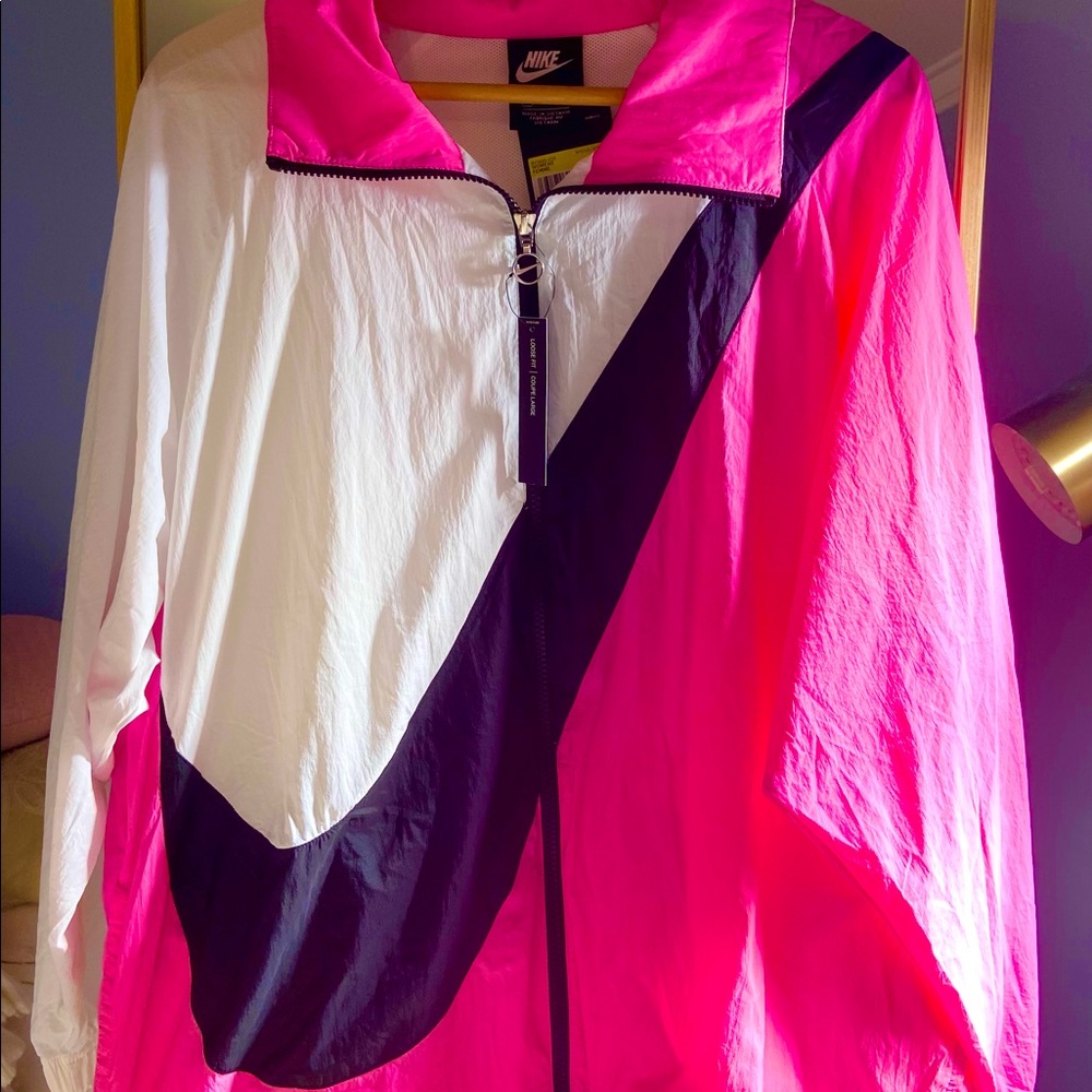 Nike Loose Fit Track Suit Jacket. Pink, Black & White.